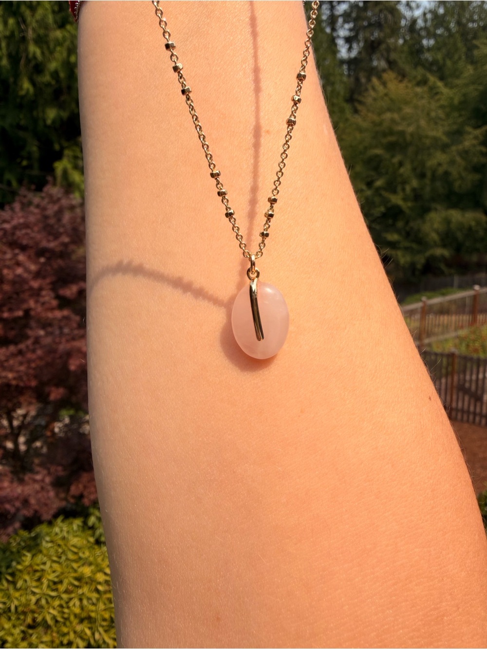 Gold Tone Pink Stone Pendant Necklace | Dainty Satellite Chain | 16” + 2” Extend